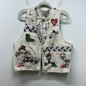 Vintage Quilted Snowman Vest With Winter Scene Print & Heart Details